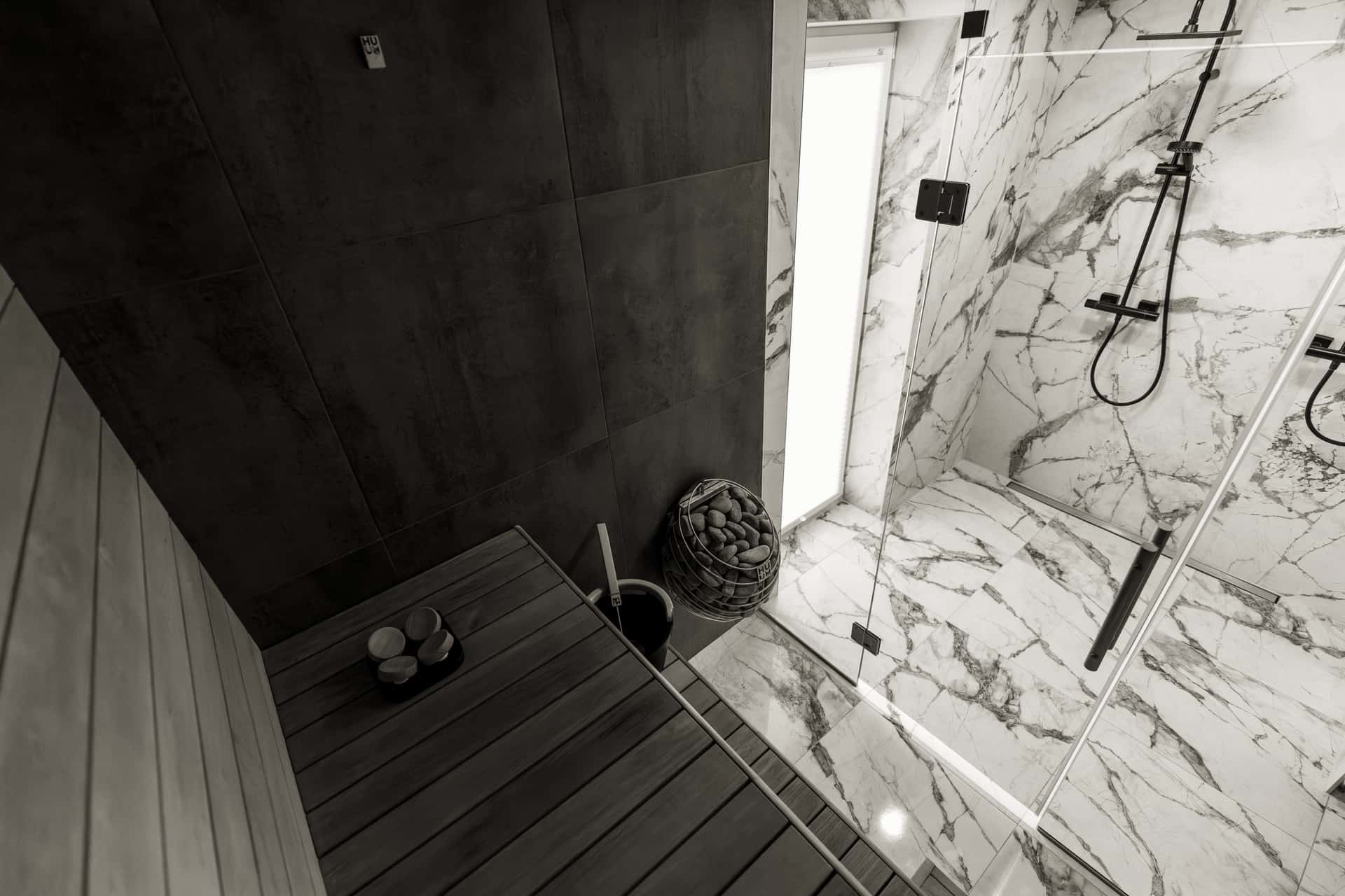 Modern dark-clad cube sauna with a glass door in a garden